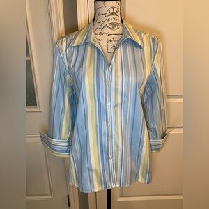 Talbots Blue, White & Yellow Striped Button-Up Wrinkle Resistant Shirt Size 18 G